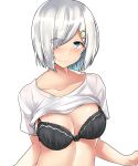  1girl absurdres alternate_costume black_bra blue_eyes blush bra breasts cleavage collarbone embarrassed hair_ornament hair_over_one_eye hairclip hamakaze_(kantai_collection) highres kantai_collection kiritto large_breasts looking_at_viewer shirt shirt_lift short_hair short_sleeves silver_hair simple_background smile solo underwear upper_body white_background white_shirt 