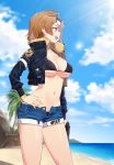  1girl :d bangs beach bikini bikini_under_clothes black_bikini black_jacket blue_sky blurry blurry_background blush breasts brown_hair cleavage clouds cloudy_sky collarbone commentary_request contrapposto cropped_jacket day denim denim_shorts depth_of_field eyewear_on_head fur_collar girls_frontline grizzly_mkv grizzly_mkv_(girls_frontline) groin gun hand_on_hip highres holding holding_gun holding_weapon horizon jacket lens_flare light_rays long_sleeves looking_away medium_breasts narynn navel ocean open_clothes open_fly open_jacket open_mouth outdoors palm_tree profile short_hair short_shorts shorts sidelocks sky sleeves_past_wrists smile solo standing stomach sunbeam sunglasses sunlight swimsuit tree twitter_username upper_teeth violet_eyes water weapon 