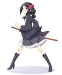  1girl black_eyes black_hair boots flower frilled_skirt frills full_body hair_bun hair_flower hair_ornament high_heel_boots high_heels highres katana knee_boots kyuutou_(kyuutouryuu) princess_principal saya_(scabbard) sheath sheathed skirt solo sword toudou_chise weapon white_background 