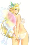  1girl absurdres arms_behind_back ass bangs bikini blonde_hair blush breasts butt_crack butterfly_hair_ornament butterfly_wings elf elwing_ra-nah_sylphith feathers fingernails from_behind hair_ornament highres looking_at_viewer looking_back medium_breasts parted_lips pointy_ears scan shining_(series) shining_tears shiny shiny_hair side-tie_bikini sideboob simple_background smile sol swimsuit tanaka_takayuki thighs white_bikini wings 