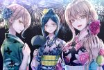  3girls :d bangs black_kimono blonde_hair blue_eyes blue_flower blue_hair dangan_ronpa earrings fan fireworks floral_print flower glasses green_eyes green_kimono hair_between_eyes hair_flower hair_ornament hairpin hibiscus_print holding holding_fan iruma_miu japanese_clothes jewelry kimono long_hair looking_at_viewer multiple_girls new_dangan_ronpa_v3 night night_sky obi open_mouth outdoors parted_bangs print_kimono red_flower sash shirogane_tsumugi short_hair sky smile tied_hair toujou_kirumi upper_body yukata z-epto_(chat-noir86) 