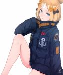  1girl abigail_williams_(fate/grand_order) alternate_hairstyle artist_request bandaid_on_forehead bangs belt black_bow black_jacket blonde_hair blue_eyes bow crossed_bandaids fate/grand_order fate_(series) forehead hair_bow hair_bun heroic_spirit_traveling_outfit high_collar highres jacket knee_up long_hair long_sleeves looking_at_viewer open_mouth orange_bow parted_bangs polka_dot polka_dot_bow simple_background sitting sleeves_past_wrists solo thighs white_background 