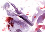  1girl asymmetrical_bangs bangs blood bloody_clothes breasts commentary dress expressionless eyebrows_visible_through_hair eyes_visible_through_hair flower gloves grey_eyes hair_ornament head_tilt highres looking_at_viewer medium_breasts parted_lips rose sinoalice snow_white_(sinoalice) sword torn_clothes weapon white_dress white_hair yoggi_(stretchmen) 