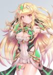  1girl absurdres bangs blonde_hair blush breasts cleavage cleavage_cutout cocoasabure cowboy_shot elbow_gloves eyebrows_visible_through_hair gem gloves grey_background headpiece highres mythra_(xenoblade) large_breasts long_hair nintendo solo standing swept_bangs thigh_gap thigh_strap tiara xenoblade_(series) xenoblade_2 yellow_eyes 