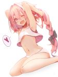 1boy ;d androgynous armpits arms_up astolfo_(fate) black_bow bow eyebrows_visible_through_hair fate/apocrypha fate_(series) hair_between_eyes hair_bow hands_in_hair heart long_hair male_focus midriff navel one_eye_closed open_mouth panties pink_eyes pink_hair ponytail saihate_(d3) sitting smile solo speech_bubble stomach tank_top trap underwear very_long_hair wariza white_panties 