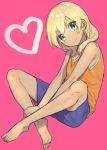  1boy barefoot blonde_hair blush full_body green_eyes heart inazuma_eleven inazuma_eleven_(series) kirisaki_ramiru long_hair looking_at_viewer male_focus miyasaka_ryou otoko_no_ko raimon_track_uniform shorts solo sportswear 