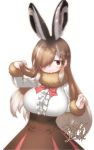 1girl :3 animal_ears breasts brown_hair brown_skirt center_frills commentary_request dated european_hare_(kemono_friends) extra_ears fur-trimmed_sleeves fur_collar fur_trim hair_over_one_eye hand_in_hair hand_up high-waist_skirt highres kemono_friends large_breasts long_hair long_sleeves looking_at_viewer multicolored_hair rabbit_ears red_eyes red_neckwear shirt signature simple_background skirt smile solo very_long_hair white_background white_hair white_shirt yoshida_hideyuki 