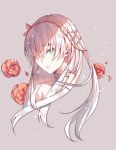  1girl anastasia_(fate/grand_order) blue_eyes choker collarbone cropped_torso eyebrows_visible_through_hair fate/grand_order fate_(series) floating_hair flower grey_background hairband highres long_hair looking_at_viewer red_flower red_rose rose silver_hair simple_background solo very_long_hair xion32 