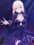  1girl arm_support artoria_pendragon_(all) bangs between_legs black_dress black_gloves black_legwear blonde_hair breasts cleavage collarbone commentary_request dark_excalibur dress fate/grand_order fate_(series) frilled_sleeves frills gloves halter_dress head_tilt highres light_particles long_sleeves looking_at_viewer medium_breasts outstretched_hand parted_lips pov pov_hands ririko_(zhuoyandesailaer) saber_alter short_hair sitting sleeves_past_wrists solo sword thigh-highs weapon wide_sleeves yellow_eyes 