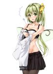  1girl absurdres alternate_breast_size amagi_(amagi626) bangs bare_shoulders black_legwear black_skirt blush bra breasts cleavage collarbone commentary_request cowboy_shot daiyousei eyebrows_visible_through_hair fairy_wings green_eyes green_hair groin hair_between_eyes hair_ribbon highres large_breasts long_hair long_sleeves looking_at_viewer miniskirt nose_blush one_side_up open_mouth pantyhose pleated_skirt ribbon school_uniform serafuku simple_background skirt solo standing thighs touhou translation_request underwear undressing very_long_hair white_background white_bra white_serafuku wings yellow_ribbon 