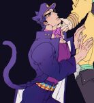  2boys animal_ears blue_hair cat_ears crotchless crotchless_panties dio_brando grabbing_another&#039;s_chin hand_on_another&#039;s_chin highres jacket jojo_no_kimyou_na_bouken kemonomimi_mode kujo_jotaro less_end long_coat male_focus multiple_boys muscular muscular_male neck_ribbon panties pants ribbon stardust_crusaders underwear yellow_jacket yellow_pants 