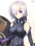  1girl asymmetrical_gloves black_gloves blue_eyes breasts breasts_apart elbow_gloves eyebrows_visible_through_hair fate/grand_order fate_(series) gloves hair_over_one_eye looking_at_viewer mash_kyrielight medium_breasts nikame purple_gloves shield short_hair silver_hair simple_background sketch smile solo standing upper_body white_background 