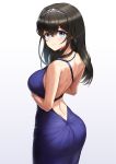  1girl absurdres ass back bangs bare_shoulders black_hair blue_dress blue_eyes blush breasts dimples_of_venus dress eyebrows_visible_through_hair from_behind gradient gradient_background greem_bang hair_between_eyes hairband highres hips idolmaster idolmaster_cinderella_girls large_breasts long_hair looking_at_viewer looking_back sagisawa_fumika shoulder_blades sidelocks simple_background smile solo wide_hips 