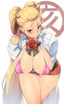  1girl absurdres arm_under_breasts bikini blonde_hair blush bow bowtie breast_hold breasts center_frills cleavage clenched_teeth collarbone covered_nipples cowboy_shot flower frilled_shirt frills halter_top halterneck highres inou_toshiko juuni_taisen large_breasts leaning_forward long_hair long_sleeves looking_at_viewer minakami_(flyingman555) miniskirt open_clothes open_shirt orange_skirt pink_bikini rose shirt skindentation skirt solo sweat swimsuit teeth thigh_gap twintails very_long_hair white_background white_shirt yellow_eyes 