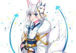  1girl animal_ears arrow azur_lane bangs blue_eyes blunt_bangs eyeliner eyeshadow fingerless_gloves fox_ears fox_girl fox_mask fox_tail fur_trim gloves grey_hair hamaya japanese_clothes kaga_(azur_lane) kimono kitsune ma9 makeup mask mask_on_head multiple_tails solo tail white_hair white_kimono wide_sleeves 