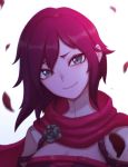  1girl cape cloak closed_mouth commentary crescent_rose face falling_petals grey_eyes highres liyart portrait red_cape red_scarf ruby_rose rwby scarf short_hair smile 