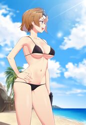  1girl :d bangs bare_arms bare_shoulders beach bikini black_bikini blue_sky blurry blurry_background blush breasts brown_hair cleavage clouds cloudy_sky collarbone contrapposto day depth_of_field eyewear_on_head girls_frontline grizzly_mkv grizzly_mkv_(girls_frontline) groin gun hand_on_hip highres holding holding_gun holding_weapon horizon lens_flare light_rays looking_away medium_breasts narynn navel ocean open_mouth outdoors palm_tree profile short_hair sidelocks sky smile solo standing stomach sunbeam sunglasses sunlight swimsuit tree twitter_username upper_teeth violet_eyes water weapon 