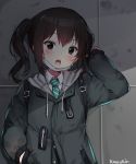  1girl :o artist_name bangs black_jacket blush brown_eyes brown_hair collared_shirt commentary_request drawstring green_neckwear hand_in_pocket hand_up hey_xander highres hood hood_down hooded_jacket idolmaster idolmaster_cinderella_girls jacket long_hair long_sleeves looking_at_viewer mask_pull mole mole_under_eye necktie open_mouth shade sharp_teeth shirt sidelocks sleeves_past_wrists solo striped striped_neckwear sunazuka_akira surgical_mask teeth twintails upper_body upper_teeth wavy_hair white_shirt 