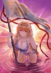  1girl absurdres adjusting_hair bangs bare_shoulders bikini blonde_hair breasts cleavage collarbone diadem drunkman flag flower front-tie_bikini front-tie_top granblue_fantasy hair_between_eyes hair_flower hair_intakes hair_ornament hairband highres holding holding_flag jeanne_d&#039;arc_(granblue_fantasy) large_breasts lily_(flower) looking_at_viewer ocean partially_submerged purple_bikini ripples side-tie_bikini sky sunlight sunset swimsuit water water_drop waves wet white_flower 