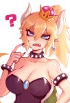  1girl ? armlet bare_shoulders black_collar black_dress black_nails blonde_hair blue_earrings blue_eyes bowsette bracelet breasts cleavage collar collarbone commentary crown dress earrings english_commentary hair_between_eyes highres horns jewelry large_breasts liyart looking_at_viewer super_mario_bros. nail_polish new_super_mario_bros._u_deluxe nintendo open_mouth pointy_ears sharp_teeth spiked_armlet spiked_bracelet spiked_collar spiked_shell spikes strapless strapless_dress super_crown teeth turtle_shell 