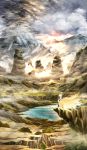  1girl arkatopia cliff clouds commentary fox_tail lake landscape looking_afar mountain multiple_tails scenery sky solo sunlight tabard tail touhou tree yakumo_ran 