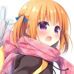  1girl :d blue_ribbon blush brown_hoodie commentary_request drawstring fringe_trim hair_ribbon hanamiya_natsuka hood hood_down hoodie looking_away open_mouth orange_hair original pink_scarf ribbon scarf simple_background smile solo two_side_up upper_body violet_eyes white_background 