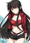  1girl ;) arm_behind_back black_hair black_shorts breasts choker cleavage collarbone cowboy_shot fate/grand_order fate_(series) floating_hair groin highres jacket long_hair long_sleeves looking_at_viewer medium_breasts midriff navel nikame oda_nobunaga_(fate) one_eye_closed open_clothes open_jacket red_eyes red_jacket short_shorts shorts signature sketch smile solo standing stomach strapless very_long_hair white_background 