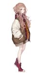  1girl blonde_hair contemporary curly_hair full_body hands_in_pockets highres jacket little_red_riding_hood_(sinoalice) long_hair looking_at_viewer open_clothes open_jacket orange_eyes padded_coat shoes sinoalice sneakers solo unzipped white_background yoggi_(stretchmen) 