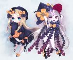  2girls :&lt; :d abigail_williams_(fate/grand_order) arms_up bangs black_bow black_dress black_footwear black_hat black_legwear black_panties blonde_hair blue_eyes blush bow bug butterfly chibi closed_mouth commentary_request dress dual_persona fate/grand_order fate_(series) forehead glowing hair_bow hand_up hat hat_bow highres insect kneehighs long_hair long_sleeves looking_at_viewer multiple_girls no_shoes object_hug open_mouth orange_bow pale_skin panties parted_bangs polka_dot polka_dot_bow red_eyes revealing_clothes shibusawa_(bs_myrmecoleo) shoes skull_print sleeves_past_fingers sleeves_past_wrists smile stuffed_animal stuffed_toy teddy_bear topless underwear very_long_hair white_hair witch_hat 