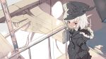  1girl aircraft airship bandage_on_face coat dock expressionless from_above fur_trim gas_mask grey_eyes hands_in_pockets hat hood hood_down looking_at_viewer mask_around_neck original peaked_cap railing shiromiso short_hair solo white_hair 