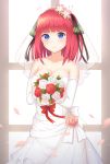  1girl bangs bare_shoulders blunt_bangs blurry blurry_foreground blush bouquet breasts bridal_veil bride brown_ribbon cleavage closed_mouth collarbone commentary depth_of_field eyebrows_visible_through_hair flower go-toubun_no_hanayome hair_flower hair_ornament hair_ribbon highres holding holding_bouquet long_hair medium_breasts nakano_nino petals pink_flower red_flower red_rose redhead ribbon rose see-through seventeen_(st17215) smile solo symbol_commentary veil violet_eyes white_flower white_rose window 