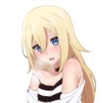  1girl arimon_(dfrgty12) blonde_hair blue_eyes blush choker clothes_down collarbone hair_between_eyes jacket long_hair looking_at_viewer off_shoulder open_clothes open_jacket open_mouth rachel_gardner satsuriku_no_tenshi shiny shiny_skin shirt simple_background sleeveless sleeveless_shirt solo striped striped_shirt sweat upper_body white_background white_jacket 