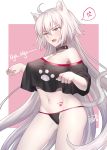  1girl ahoge anger_vein animal_ears bangs bare_shoulders black_panties black_shirt blush border breasts cat_ears cat_tail cleavage collar crop_top crop_top_overhang fang fate/grand_order fate_(series) gogatsu_fukuin hair_between_eyes highres hips jeanne_d&#039;arc_(alter)_(fate) jeanne_d&#039;arc_(fate)_(all) large_breasts long_hair navel off_shoulder pale_skin panties paw_pose paw_print pink_background shirt silver_hair solo spoken_anger_vein stomach_tattoo tail tattoo thighs underwear very_long_hair white_border yellow_eyes 