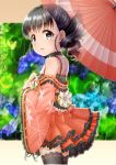  1girl bangs bare_shoulders black_hair black_legwear blue_flower blurry blurry_background blush brown_kimono brown_umbrella commentary_request depth_of_field eyebrows_visible_through_hair fingernails flower frilled_kimono frills fukuyama_mai grey_eyes highres holding holding_umbrella idolmaster idolmaster_cinderella_girls japanese_clothes kimono long_sleeves looking_at_viewer looking_to_the_side oriental_umbrella parted_lips rain regular_mow ribbon-trimmed_legwear ribbon-trimmed_sleeves ribbon_trim ringlets short_kimono sleeves_past_wrists solo thigh-highs umbrella white_flower wide_sleeves x-ray 