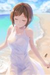 1girl bare_shoulders beach blue_sky breasts brown_hair closed_eyes closed_mouth clouds collarbone commentary_request day dress footprints highres idolmaster idolmaster_cinderella_girls kurageso large_breasts maekawa_miku ocean outdoors sand short_hair sky sleeveless sleeveless_dress smile solo standing sundress white_dress 