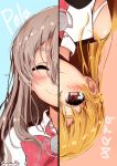  2girls ascot bare_shoulders blonde_hair blush bow bowtie braid brown_eyes character_name closed_eyes commentary_request french_braid grey_hair hair_between_eyes highres kantai_collection long_hair multiple_girls pola_(kantai_collection) sazamiso_rx shirt side_braid simple_background smile twitter_username wavy_hair white_shirt zara_(kantai_collection) 