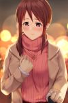  1girl blush breasts brown_coat brown_hair clenched_hands coat deneb_(noble324) grabbing hair_over_shoulder heart heart_necklace highres idolmaster idolmaster_cinderella_girls lamppost large_breasts long_hair long_sleeves looking_at_viewer mifune_miyu out_of_frame pink_sweater ponytail pov ribbed_sweater sidelocks solo_focus sweater turtleneck turtleneck_sweater upper_body violet_eyes 