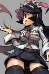  1girl bangs black_hair black_legwear black_skirt breasts collared_shirt cowboy_shot extra_mouth filia_(skullgirls) from_below grey_background hair_between_eyes hankuri large_breasts living_hair long_hair long_sleeves looking_to_the_side midriff navel necktie pleated_skirt prehensile_hair purple_neckwear red_eyes samson_(skullgirls) shirt sidelocks simple_background skirt skullgirls smile solo thigh-highs zettai_ryouiki 