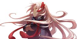  1girl black_coat breasts dark_skin fate/grand_order fate_(series) hair_between_eyes high_collar highres okita_souji_(alter)_(fate) okita_souji_(fate)_(all) tassel white_background white_hair xion32 yellow_eyes 