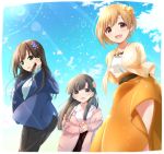  3girls :d aiba_yumi akisaka_yamoka bangs beige_jacket black_eyes black_hair black_pants blonde_hair blue_jacket blue_sky blunt_bangs breasts brown_eyes brown_hair brown_skirt eyebrows_visible_through_hair flower green_eyes hair_flower hair_ornament hand_in_hair highres holding holding_flower idolmaster idolmaster_cinderella_girls jacket kobayakawa_sae lens_flare long_hair long_skirt long_sleeves looking_at_viewer medium_breasts multiple_girls open_mouth orange_skirt pants pink_jacket pink_shirt shibuya_rin shirt short_hair skirt sky smile white_shirt 