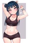  1girl arm_behind_head armpits arms_up ass_visible_through_thighs bangs bare_arms bare_shoulders black_shorts blue_hair blush bracer breasts cleavage closed_mouth collarbone cowboy_shot eyebrows_visible_through_hair grey_background groin hair_bun head_tilt heart highres legs_apart long_hair looking_at_viewer love_live! love_live!_sunshine!! medium_breasts navel pink_eyes short_shorts shorts side_bun sidelocks solo sports_bra standing stomach sweat tem10 tsushima_yoshiko two-tone_background white_background 