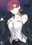  1girl bazett_fraga_mcremitz black_gloves black_jacket black_pants breasts cleavage clouds cloudy_sky collarbone dress_shirt fate/hollow_ataraxia fate_(series) formal gloves highres jacket looking_at_viewer looking_to_the_side medium_breasts midriff mole mole_under_eye navel night nikame off_shoulder open_clothes open_jacket open_mouth outdoors pant_suit pants red_eyes redhead shirt short_hair sky solo standing stomach suit white_shirt 