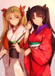  2girls arrow black_hair blonde_hair commentary_request earrings ereshkigal_(fate/grand_order) fate_(series) holding_arrow hoop_earrings ishtar_(fate/grand_order) japanese_clothes jewelry kimono light_blush light_smile long_hair looking_at_viewer multiple_girls red_eyes red_kimono saisarisu siblings sisters two_side_up white_kimono 