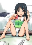  1girl bangs barefoot bed bedroom black_eyes black_hair black_panties camisole can casual commentary crotch_seam eyebrows_visible_through_hair freckles full_body girls_und_panzer green_shirt hamahara_yoshio highres holding holding_can legs long_hair looking_at_viewer open_mouth panties panty_peek shirt short_shorts shorts sitting smile soda_can solo spread_legs strap_slip sweat underwear upshorts waving white_shorts yamagou_ayumi 