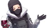  1girl alcohol artist_name black_eyes black_gloves black_hair cup drinking_glass eyebrows_visible_through_hair face_mask gloves half-closed_eyes highres jacket long_sleeves looking_at_viewer mask rainbow_six_siege shrug solo susan_kim transparent_background twitter_username upper_body wine wine_glass 