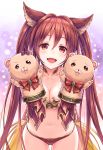  1girl :d animal_ears ass_visible_through_thighs bangs bare_shoulders blush bow breasts cerberus_(shingeki_no_bahamut) cleavage collarbone dog_ears eyebrows_visible_through_hair fang granblue_fantasy hair_between_eyes hand_puppet highres large_breasts lips long_hair looking_at_viewer navel open_mouth puppet red_bow red_eyes redhead shingeki_no_bahamut smile solo standing thigh_gap tomo_(user_hes4085) twintails very_long_hair 