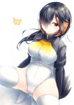  1girl absurdres black_hair commentary_request eyebrows_visible_through_hair hair_over_one_eye headphones highlights highres kanzakietc kemono_friends king_penguin_(kemono_friends) leotard long_sleeves multicolored_hair no_shoes penguin_tail redhead short_hair solo squatting tail thigh-highs yellow_eyes 