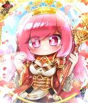  1girl bangs breasts chibi cleavage crown dress eyebrows_visible_through_hair fleur_de_lis h2o_rutorinde highres holding holding_staff looking_at_viewer petals pink_eyes pink_hair rasis red_dress sidelocks smile sound_voltex staff tiara 