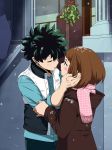  1boy 1girl artist_name blue_shirt blush_stickers boku_no_hero_academia brown_coat brown_eyes brown_hair closed_eyes coat couple dailykrumbs freckles green_hair hand_on_another&#039;s_face hetero highres imminent_kiss looking_at_another messy_hair midoriya_izuku mistletoe official_style scar scarf shirt short_hair signature snow upper_body uraraka_ochako vest white_vest winter_clothes winter_coat 