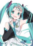  1girl :d aqua_eyes aqua_hair aqua_neckwear detached_sleeves hatsune_miku ixy long_hair looking_at_viewer necktie open_mouth simple_background smile solo twintails vocaloid white_background 